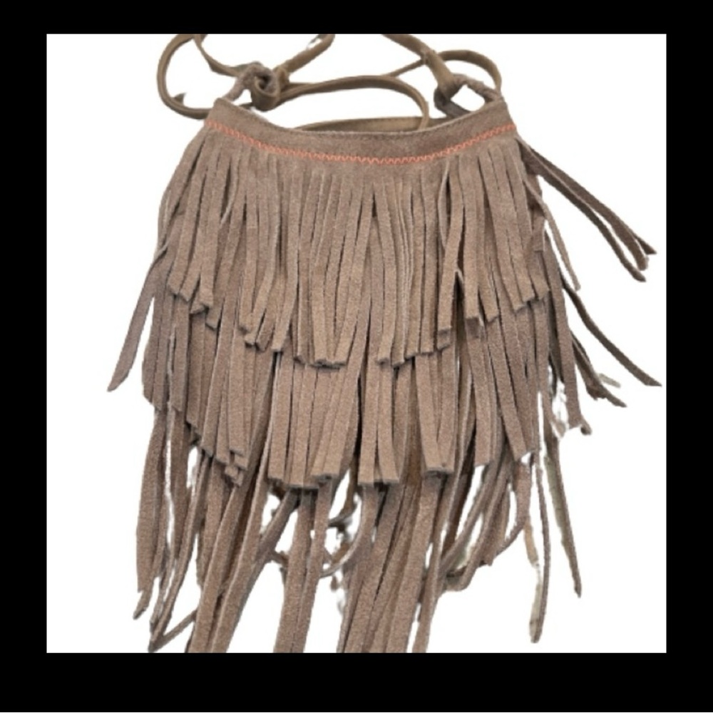 American Eagle Mini Suede Fringed Boho Crossbody Bag Approx. 6x7” Lt. Brown